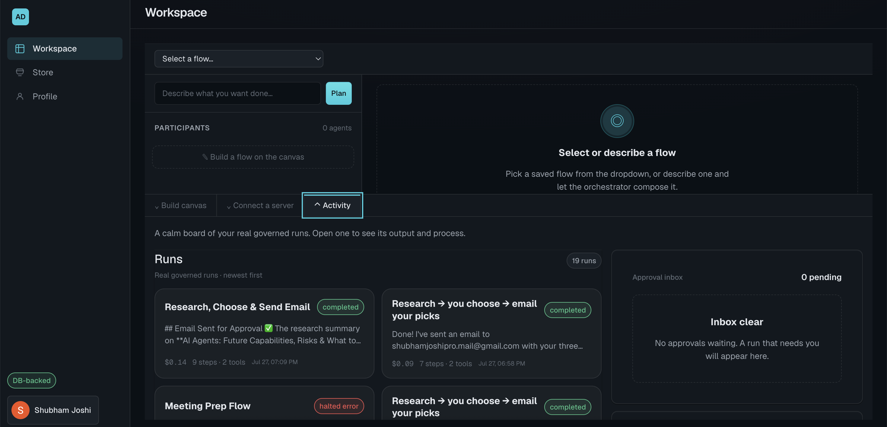 AgentDock workspace showing governed runs, approval inbox, tool usage, costs, completed work, and a halted error