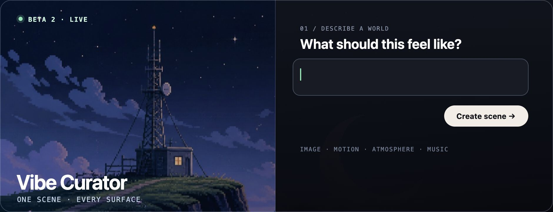 Animated Vibe Curator Beta 2 demo: create an editable moonlit scene, add atmosphere and music, then use it in Chrome or as a local desktop wallpaper